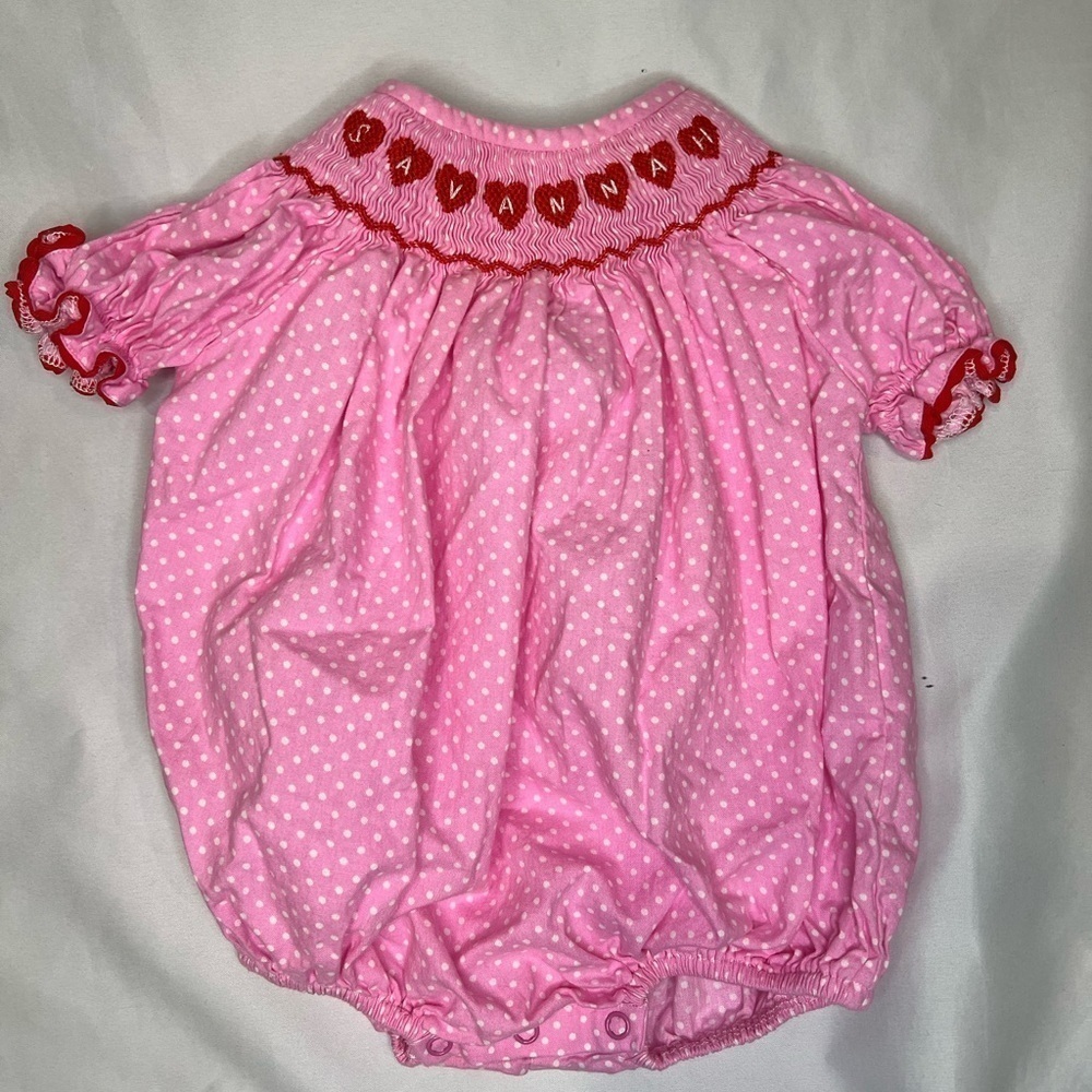 Poppy Kids Co 3 month pink polka dot valentines heart bubble Savannah Monogram